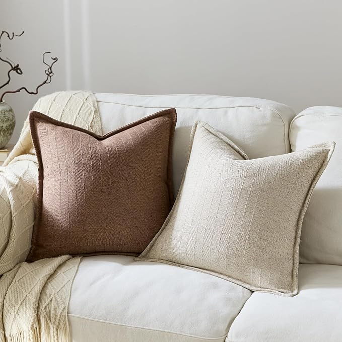 18x18 Linen Pillow Covers Brown Pack of 2 Farmhouse Boho Neutral Accents Striped Textured Square Decorative Throw Pillow Cases for Living Room Couch Bed Home Decor
