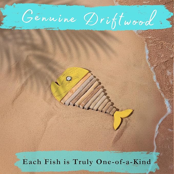 Mint Bucket Brands Driftwood Fish Nautical Wall Decor - 18" x 10" Handmade Wooden Rustic Coastal Wall Art for Living Room, Bedroom, Office, Bathroom - Ocean Beach Decoration (Goldie)