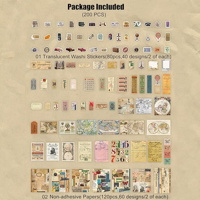 200 Pieces Vintage Ephemera Scrapbooking Supplies Pack for Journaling, Decoupage Paper Scrapbook Stickers Kit for Bullet Junk Journal Planners Collage Craft Notebooks Album (Word Memory)