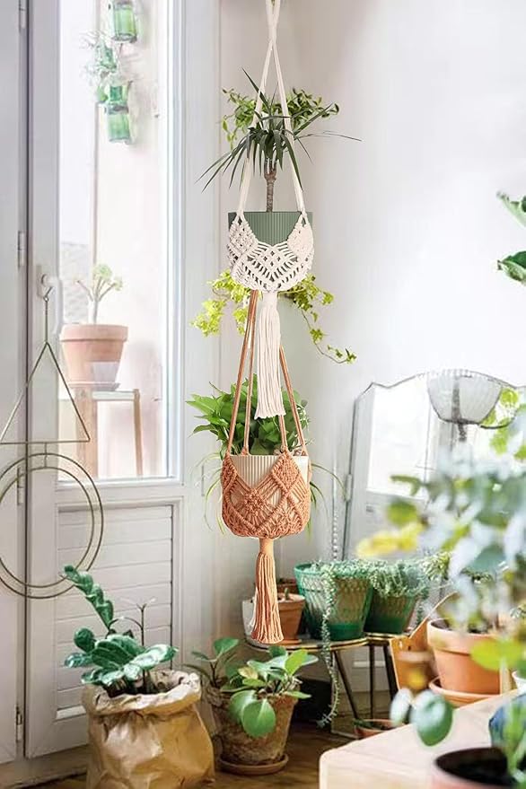 Macrame Plant Hangers 2 Pack, 35 Inch Indoor Outdoor Hanging Planter Basket with Wood Beads - No Tassels Flower Pot Holder for Boho Home Decor (Ivory/Coffee)