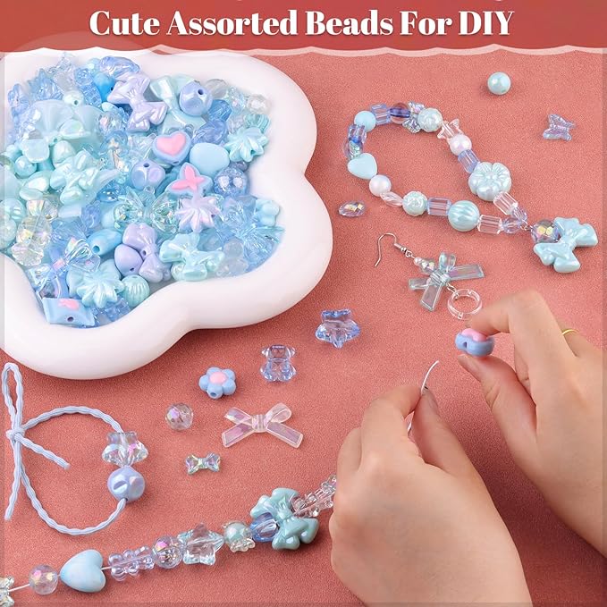 200-260PCS TINKRSTUFF Assorted Acrylic Beads Blue Cute Beads for Bracelet Making, Bow Flower Butterfly GummyBear Kawaii Charms, Aesthetic Bead for Necklace Keychain Jewelry Making DIY Phone Charm