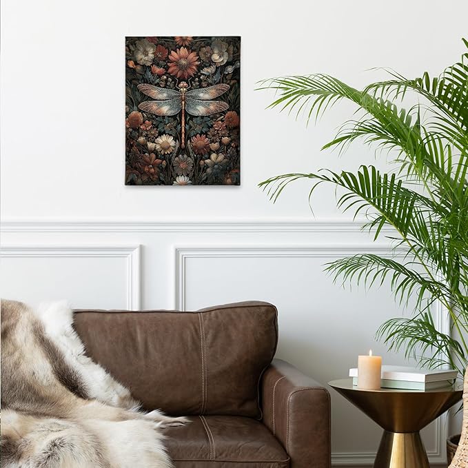 PHAMTE Vintage Floral Dragonfly Wall Art Decor Canvas 11x14, Dark Cottagecore Flower Botanical Dragonfly Pictures Decorations, Wildflower Insect Framed Prints Artwork for Home Bedroom Room Decor