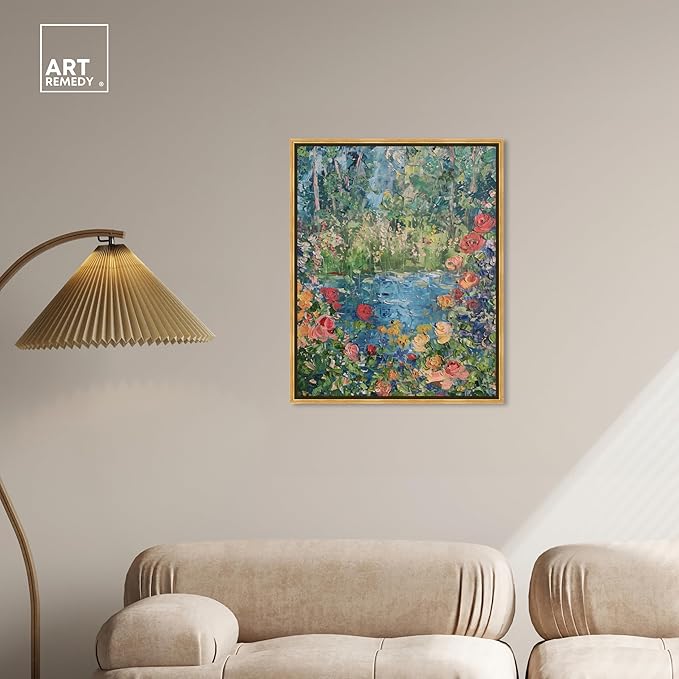 Art Remedy Serene Escape Framed Impressionism 1 Piece Canvas Wall Art/Monet And Van Gogh Inspired Art, 25.5" x 31.5", Gold Frame