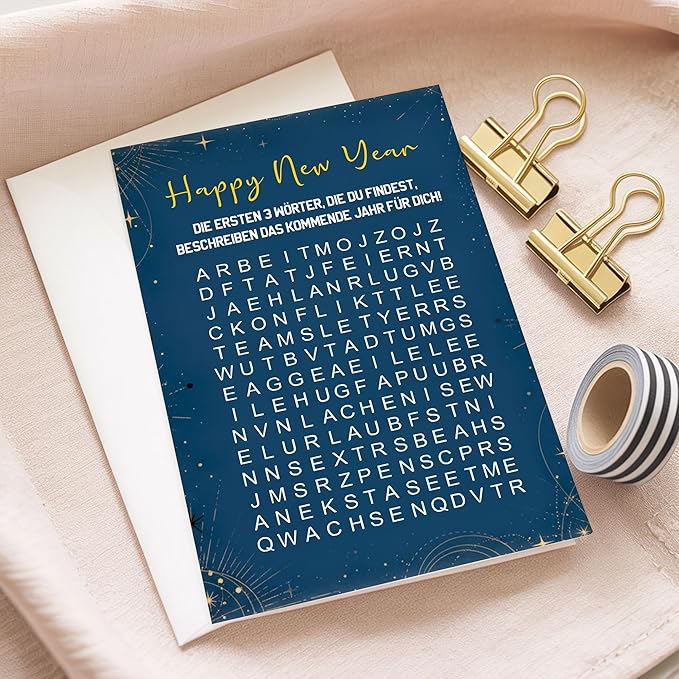 (5.3x8in) Happy New Year Word Search Card in German, Interactive Puzzle Greeting for Friends, Family, Coworkers, Fun Game Style Holiday Card, Unique New Year Activity Gift with Envelope (Xmas 40)