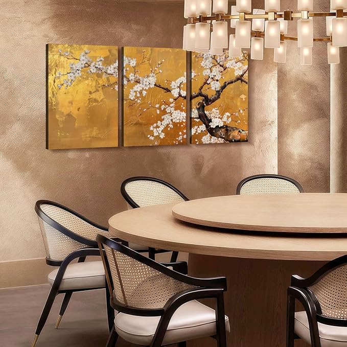 3 Pcs Framed Japanese Golden Plum Blossom Flower Wall Art Decor Canvas Print Picture Traditional Woodblock Print Style Farmhouse Poster Gallery Bedroom Living Room Office 16x24 Inch Ready to Hang