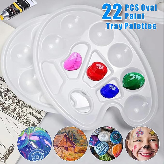 22PCS Oval Paint Tray Palettes with Thumb Hole Plastic Paint Pallets for Kids and Students Ideal for Craft DIY Painting and Birthday Painting Party White Color Durable and Easy to Clean. White