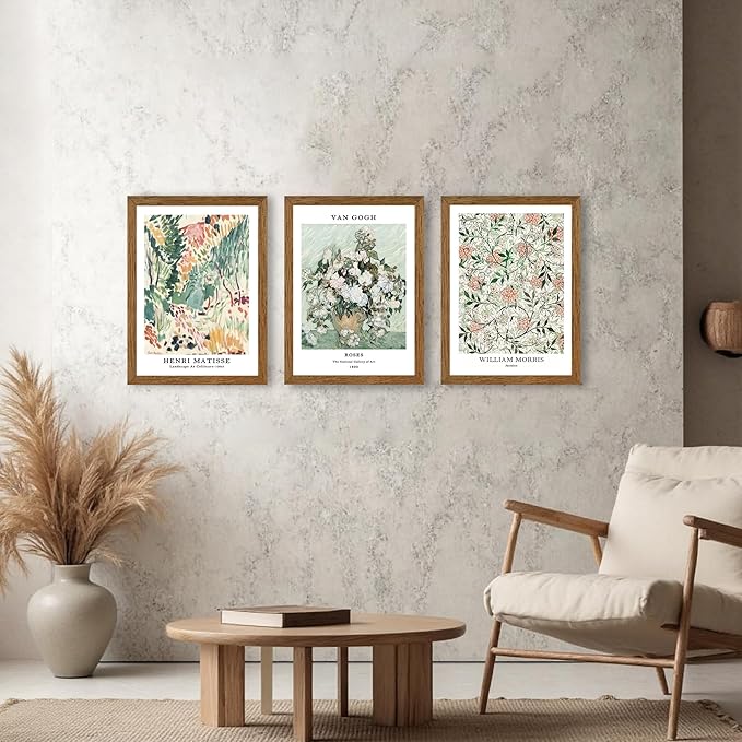 InspiredHues 3 Piece Sage Green Vintage Canvas Wall Art Landscape Flower Botanical Canvas Wall Decor Henri Matisse Van Gogh William Morris Artwork Prints for Bedroom Living Room 12x16 In Wood Frame