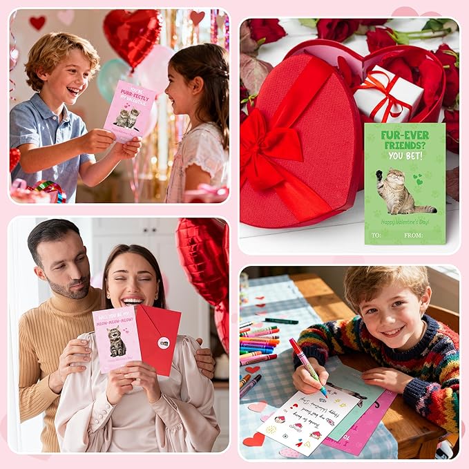 TICIAGA 144pcs Valentine's Day Cat Animal Greeting Card with Envelop and Stickers for Kids, Cute Kitten Catling Pet Notecard Exchange Gift for Boys and Girls School Classroom, Valentines Party Favors
