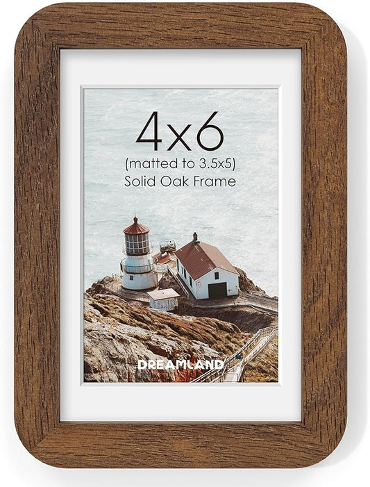 Dreamland 4x6 Picture Frame, Solid Oak Wood Photo Frame with Mat for 3.5x5, Round Corner 4 x 6 Matted Picture Frames with Resistant Plexiglass for Wall Mounting or Tabletop, Walnut Color, Set of 1