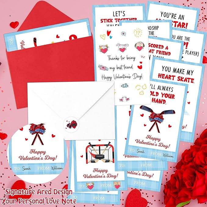 TICIAGA 72pcs Valentine’s Day Ice Hockey Greeting Cards with Envelop and Stickers for Kids, 4 x 6 IN Sporty Design Hockey Exchange Gift Cards for Boys Girls Classroom Supplies, Valentines Party Favors