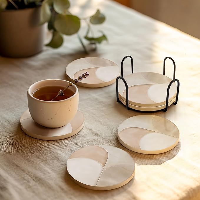VEYRO Ceramic Coasters Set of 4 – Absorbent Stone Drink Coasters with Holder, Non-Slip Cork Backing, Modern Marble Look Coasters for Coffee Table, Desk & Home Decor
