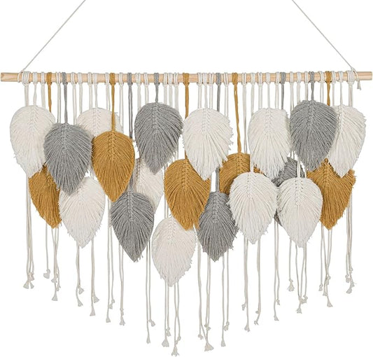 Large Macrame Wall Hanging Feather Decor – Handmade Cotton Cord Boho Room Decor for Bedroom, Nursery, Office – 39” W x 29.5” L (Silver, Gold, White)