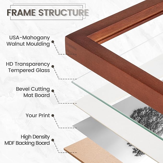 12x16 Picture Frame, USA-Sourced Natural Mahogany Wood Photo Collage Frame with HD Tempered Glass, Modern Simple 12 x 16 Wooden Frame Matted to 8.5x11, Vertical & Horizontal Wall Hanging Display