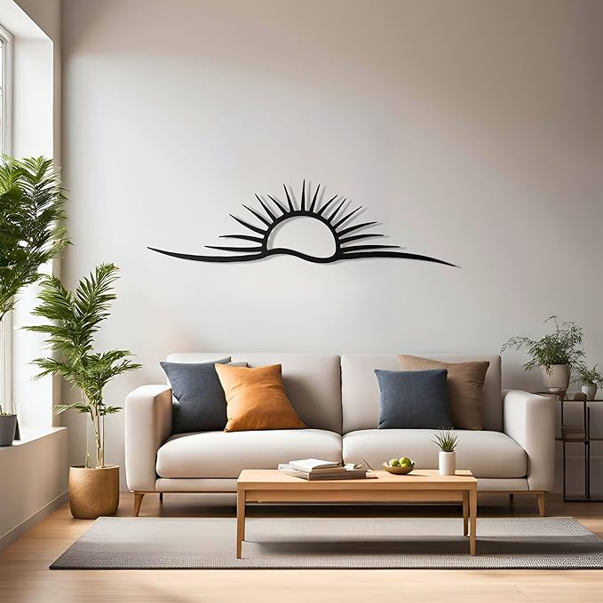 pluviart Sunrise & Wave Metal Wall Art – Modern Sun Wall Decor for Living Room, Minimalist Large Wall Hanging, Home Decoration – Gift for Him, Christmas Gift (60"x17")