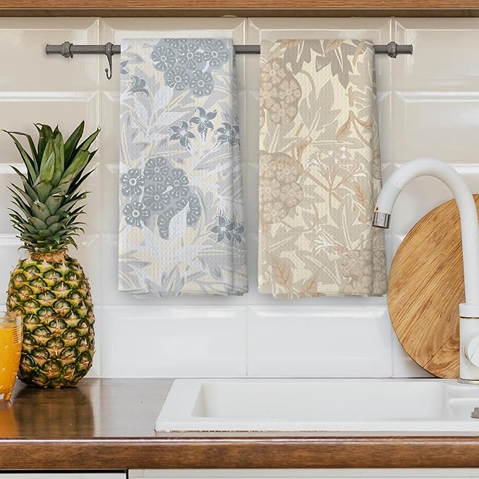 Bohemian Floral Kitchen Dish Towels Set of 2, Midcentury Modern Boho Flowers Decor for Bathroom, Vintage Rustic 70s Plant Hand Towels Kitchen Bathroom Tea Towels Decorations, 16x24inch