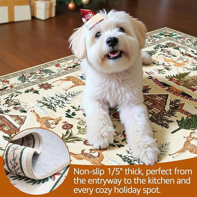jinchan Christmas Rug 2x3 for Entryway Kitchen Small Holiday Rug for Porch Bathroom Christmas Tree and Cabin Printed Winter Xmas Decor Washable Doormat for Bedroom Non Slip Green on Beige