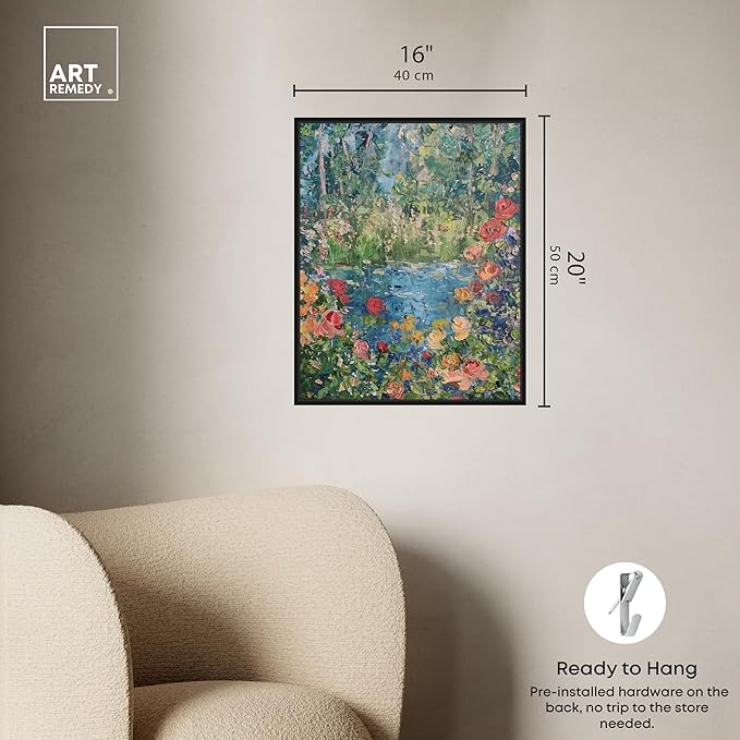 Art Remedy Serene Escape Framed Impressionism 1 Piece Canvas Wall Art/Monet And Van Gogh Inspired Art, 17" x 21", Black Frame