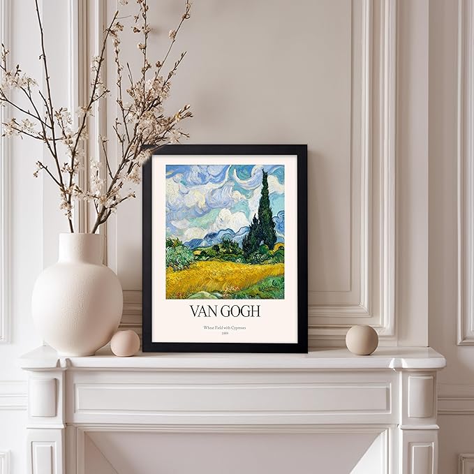 Monem Art Vintage Van Gogh Poster - Retro Impressionist Print - Wheat Field With Cypresses, Trees, Sky, Landscape - Gift for Artist, Friend - Wall Decor for Home, Office, 8x10 Black Framed