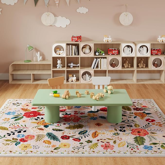 Rugcomf Area Rugs 9x12 Living Room Clearance Washable Boho Rug Non Slip Floral Vintage Low Pile Large Rug for Living Room, Bedroom, Farmhouse, Dining Room, Kids Playroom(Beige)