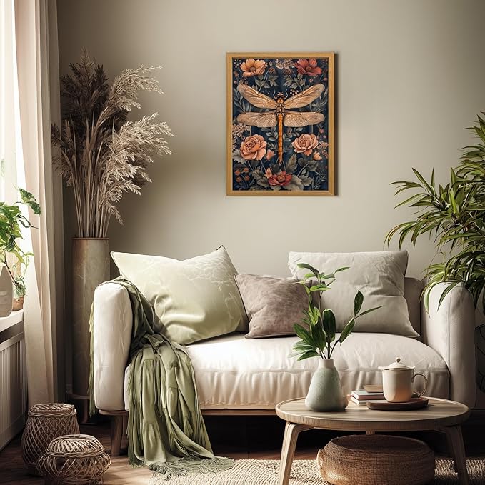 LLEEMPI William Morris Wall Art, Vintage Dragonfly Floral Wall Decor, Abstract Insect Flower Canvas Painting, Nature Botanical Poster Print for Living Room Bedroom Bathroom Office Wood Framed 16x24 inch