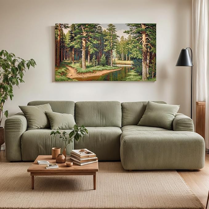 AureoMadis Premium Large Jacquard Woven Forest Tapestry 49"x28" - Vintage Pine Woods River Landscape Wall Hanging, Fully Lined Fine Art Decor with Dual Rod Pockets