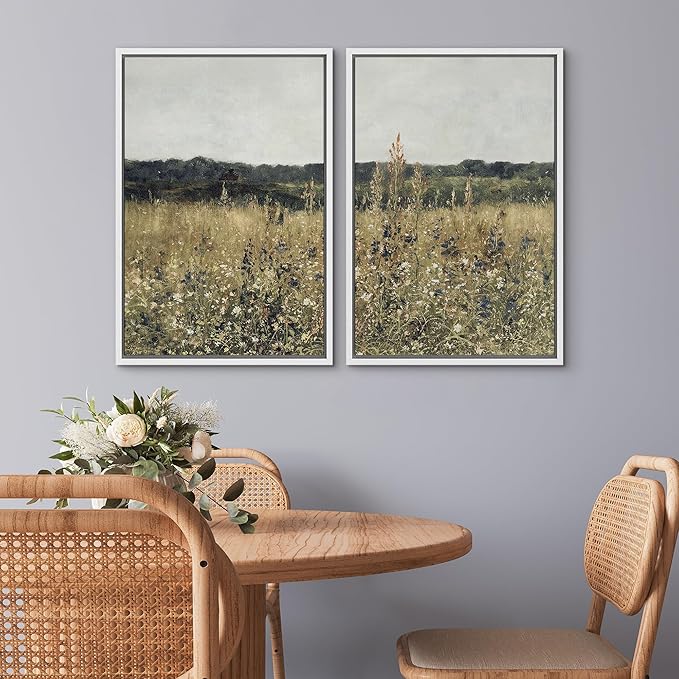 SIGNWIN Framed Canvas Print Wall Art Set Wildflower Meadow Under a Gentle Overcast Sky Illustration Modern Art Minimalism Decorative Nordic for Living Room, Bedroom, Office - 24"x36"x2 White