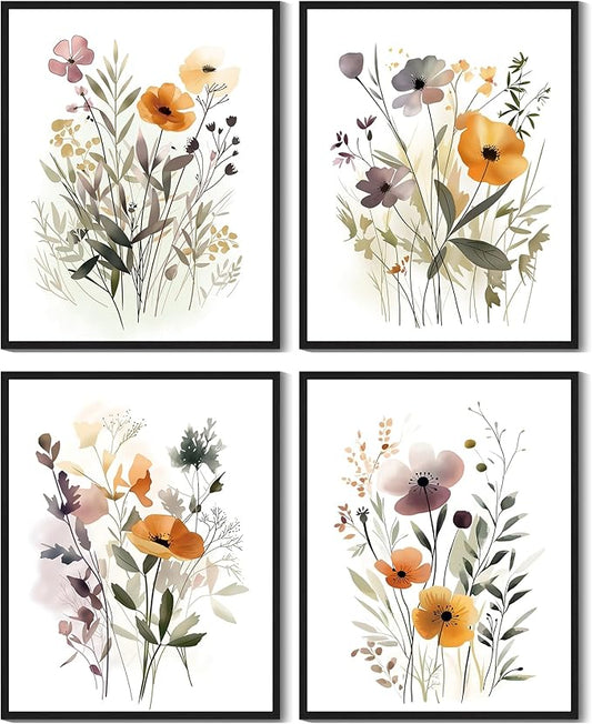 Drsoum Wildflower Bouquet Boho Framed Wall Art Wooded Minimalist Aesthetic Botanical Flower Prints Modern Plants Bathroom Kitchen Home Decor Ready to Hang 8x10inx4pcs (Black Framed)
