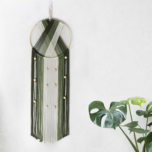 LB Green Macrame Wall Hanging, Handmade Woven Tapestry Wall Hanging Decor Boho Dream Catchers Bohemian Macrame Wall Art for Living Room Apartment Office Backdrop,9.84" W x 31.5" L