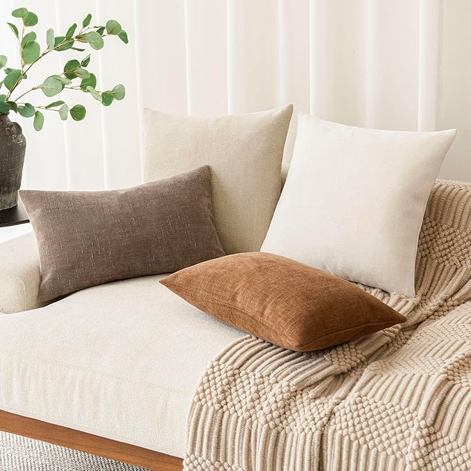 Foindtower Pack of 2 Soft Textured Chenille Throw Decorative Pillow Covers Square Accent Solid Cushion Cover Cozy Neutral Farmhouse Pillow Case for Couch Bedroom Living Room 24x24 Inch, Ivory White