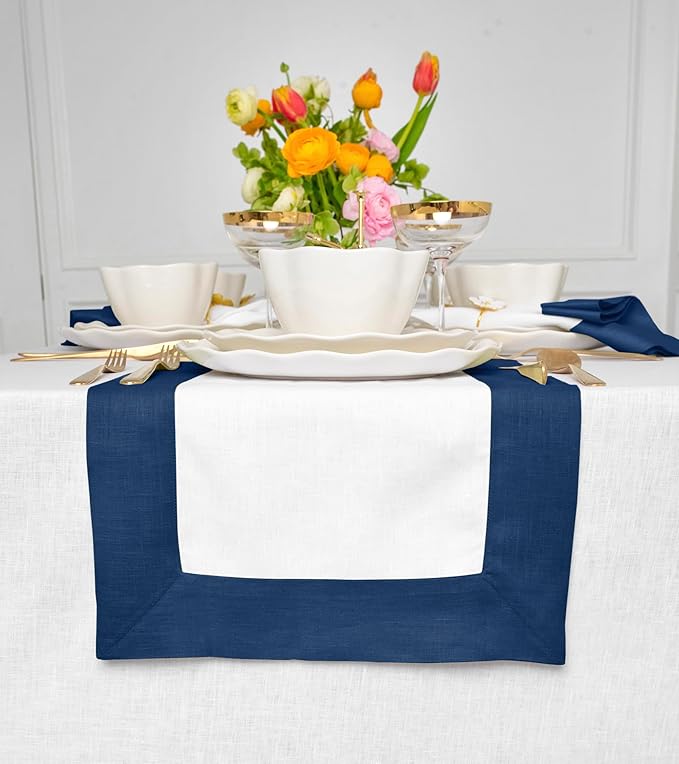 Solino Home Linen Table Runner 72 Inches Long - Indigo Blue and White 100% Pure Linen 14 x 72 Inch Table Runner for Dining, Winter - Contempo
