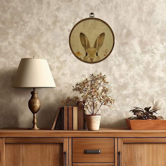 Round Wall Art Framed,Vintage Rabbit Wall Art,Retro Animal Design Hanging Round Wall Decor for Bedroom Living Room,or Office,Easter or Christian Gifts 10x10inch (Rabbit)