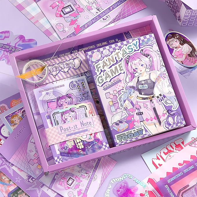 Auguro Scrapbook kit for Girls A6 Grid Kawaii notebooks Stationery Junk Journal Kit Scrapbooking Supplies kit Craft DIY Gift for Adult Teen Girl Cute Bullet Journal