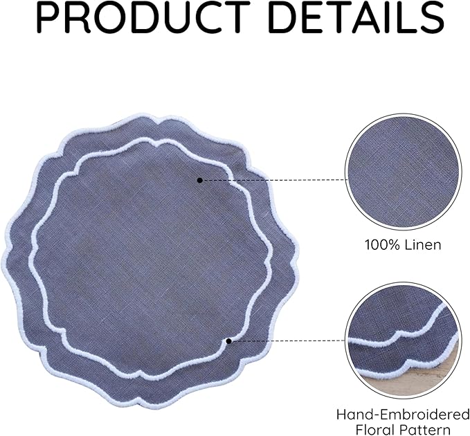 Drink Coasters Set of 6, 6x6 inch, Absorbent Linen Drink Mats with Scalloped Edge, Reusable Handmade Coffee Coasters for Home Decor & Tabletop Protection & Gift Giving (Charcoal)