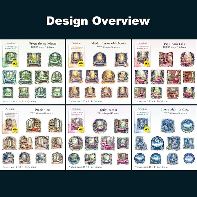 Window Reading Corner PET Sticker Set, 60PCS Cozy Room Scene Stickers for Scrapbooking, Journaling, DIY Crafts and Gift Decoration
