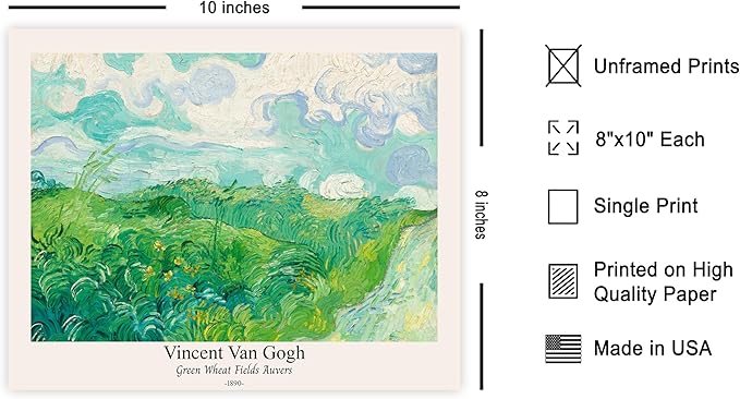 Monem Art Vintage Van Gogh Poster - Retro Green Wheat Fields Auvers Print - Impressionism Art - Fine Art - Landscape Art - Classic Painting Art - Great Living Room Decor - 8x10 UNFRAMED Wall Art