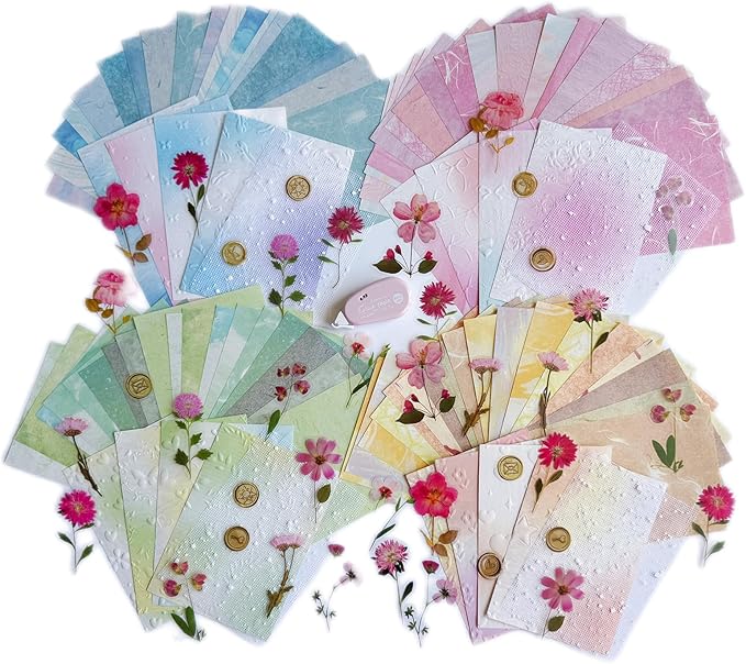 MOLNESO 132pcs Pastel Aesthetic Journal Paper Kit, Embossed Background Papers with Clear Dried Flower Stickers, Mixed Textured Scrapbook Papers for Collage, Junk Journals, Card Making, DIY Crafts