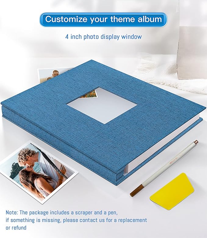 popotop Photo Album Self Adhesive with Picture Display Window,60 Pages DIY Scrapbooking Supplies Kit for 4x6 8x10 Picture,Linen Cover Memory Book for Baby Wedding, with Scraper and Metallic Pen