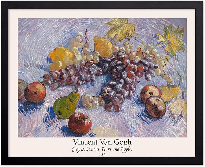 Monem Art Vintage Van Gogh Poster - Retro Grapes Lemons Pears and Apples Print - Impressionism Art - Fruit Art - Fine Art - Classic Painting Art - Great Kitchen Decor - 11x14 Black Framed