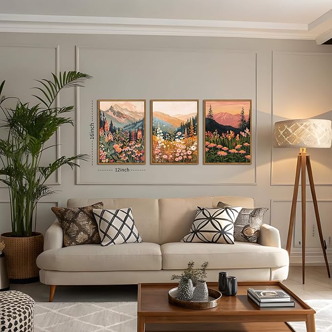 Floating Framed Boho Colorful Mountain Wall Art Set of 3, Vintage Wildflower Landscape Canvas Wall Decor Paintings, Nature Floral Forest Posters Pictures Prints for Living Room Bedroom 12x16 Inch