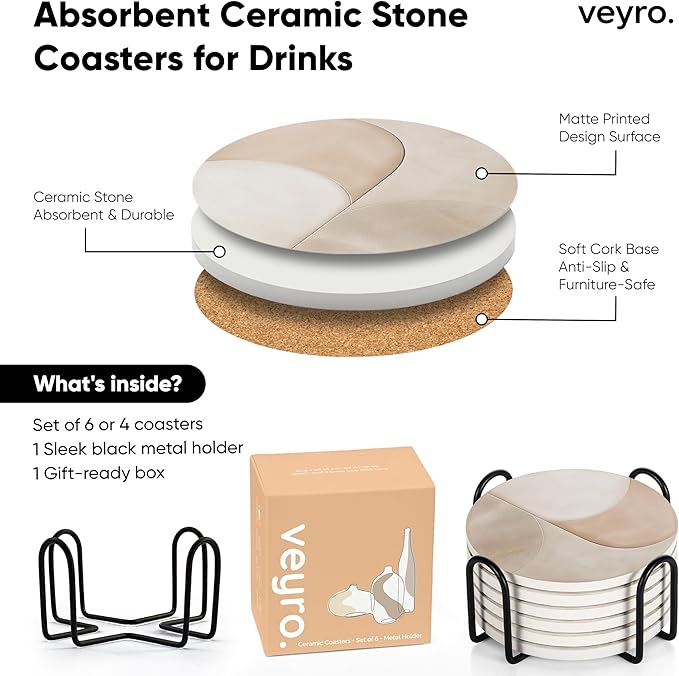 VEYRO Ceramic Coasters Set of 4 – Absorbent Stone Drink Coasters with Holder, Non-Slip Cork Backing, Modern Marble Look Coasters for Coffee Table, Desk & Home Decor