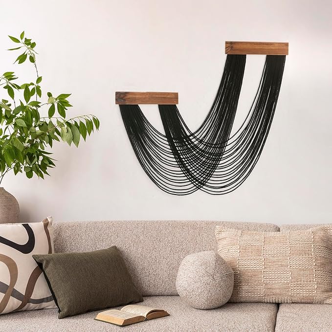LB Black Macrame Wall Hanging, Boho Tapestry Wall Hanging Macrame Wall Art Handmade Yarn Woven Wall Art Modern Home Decor Headboard Wall Decor for Bedroom Living Room Dorm Nursery, 12x25 Inch