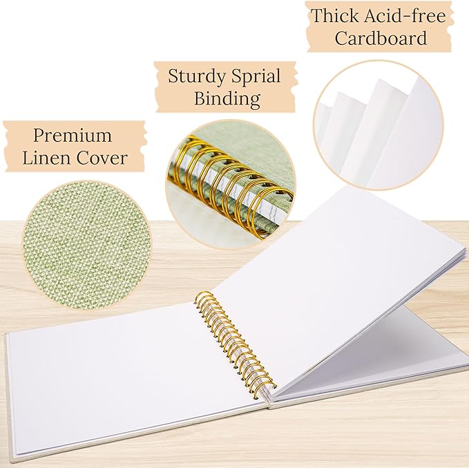 Scrapbook Photo Album Linen Cover, 10 x 10 Inch Hardcover Kraft White Pages Memory Book, for Travel Wedding Guest Book Christmas Baby Shower (40 Sheets/ 80 Pages,Grassgreen)
