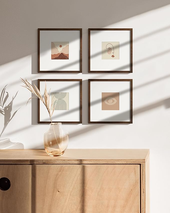HAUS AND HUES Walnut Square Frames 8" x 8" Matted to 4" x 4" - 8"x8" Square Gallery Wall Frame Set Ideal for Home, Office (8x8 in, Walnut, Set of 4)