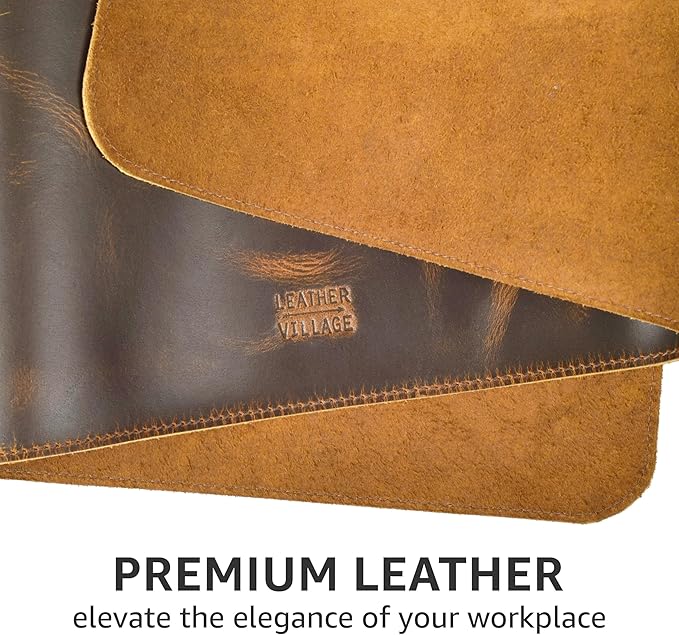 LEATHER VILLAGE Real Leather Desk Pad (3mm) Thick Double Layer Desk Mat Cover Blotter Large Full Grain Protector for Keyboard, Mouse & Laptop – Office Table Mat & Desktop Accessories–(32''x16'')-Brown