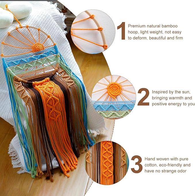3 Pack Macrame Wall Hanging Tapestry Sunrise Sunset Wall Art Set, Hand Woven Boho Tapestries Colorful Sun Wall Decor for Bedroom Living Room Apartment (3 Pcs)