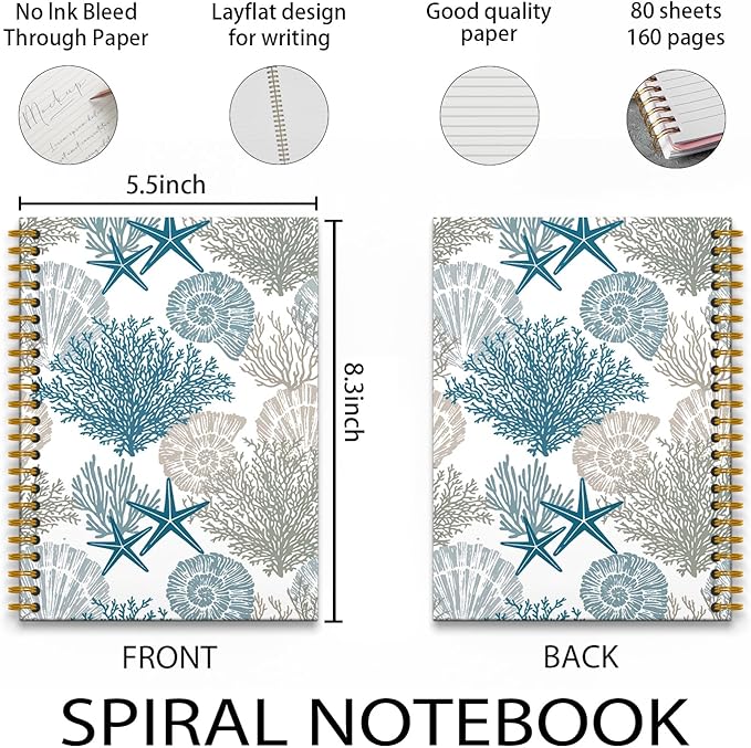 Vintage Beach Ocean Notebook, Ocean Themed Gifts Journal, Preppy Beachy Nautical Journal, Beach Office Decor, Coastal Starfish Carol Seashell Hardcover Spiral Notebooks, 5.5x8.3 Inch
