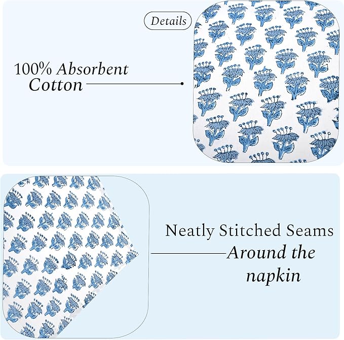 CPC Cloth Napkins 100% Cotton Set of 4 Reusable Napkins, Indian Block Print Toile Floral Dinner Napkin, Fall Thanksgiving Christmas Holiday Party Gift - Soft Absorbent Napkin, 18"x18" Apatite Blue