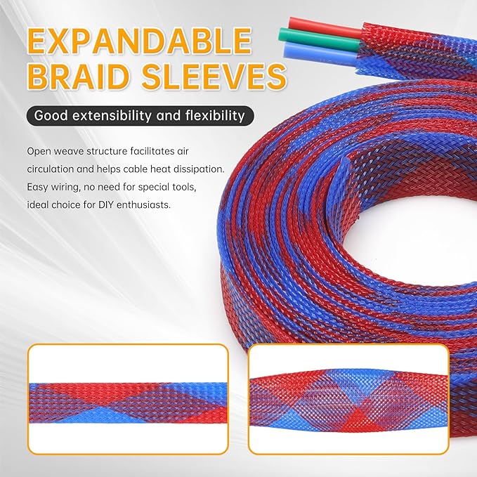 Braided Wire Loom Sleeve - Pet Proof Chew Resistant Cable Wrap, High Density Expandable Cable Sleeving for Automotive Wire Harness & PC Computer Case 16.4ft (Blue Red, 16mm (5/8"))