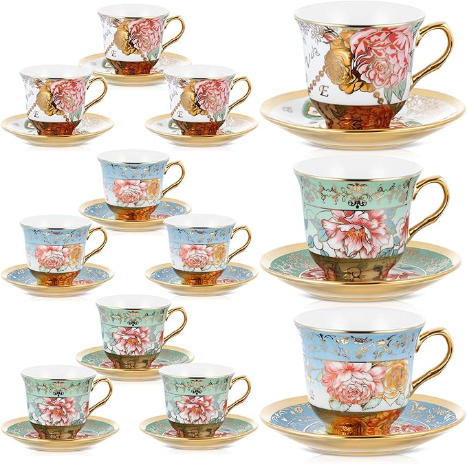 Set of 12 Tea Cups and Saucers Tea Party Decorations Floral Porcelain 5.4 oz British Gift for Women Birthday Party, Church, and Mother's Day (Classic Style)