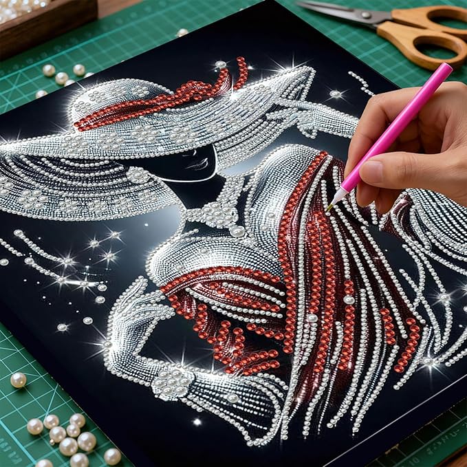 DIY Pearl Painting Kit with Wooden Frame, 3D Plastic Pearl Gemstone Ocean Art Craft for Adults Beginners, Diamond Art Kits for Adults, Home Wall Decor Ready Gift for Women(Red Dress Woman)(30 * 30cm)